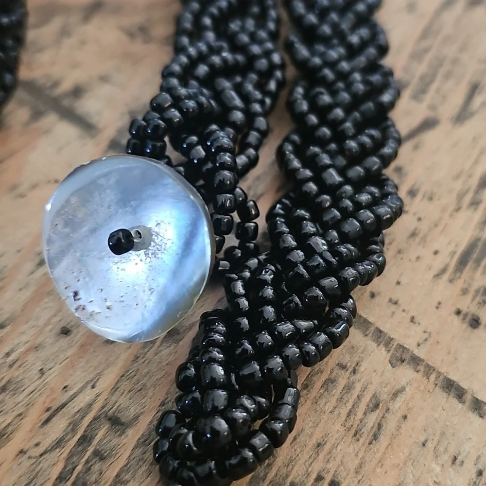 Handmade Vintage Black Glass Seed Beaded Belt‎ Abalone Fastener 1920s Flapper